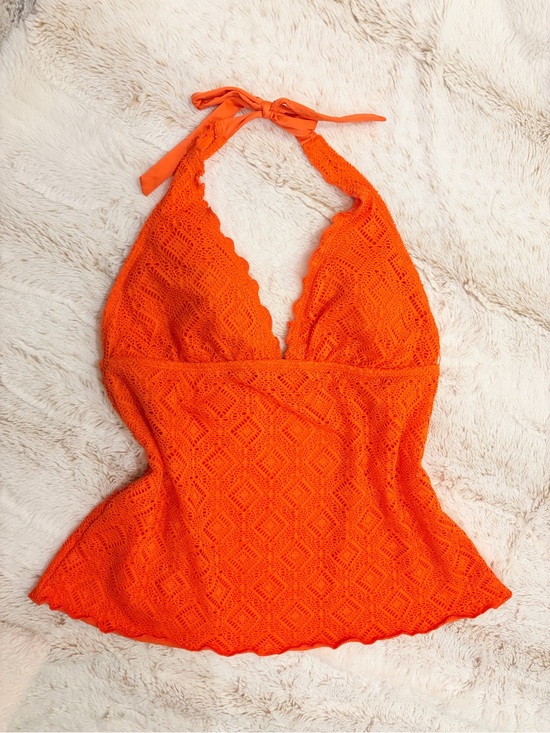 Vintage Tops - 🧡 Vintage Y2K Orange Lace Tankini Halter Top Euro Summer Mermaidcore Coquette